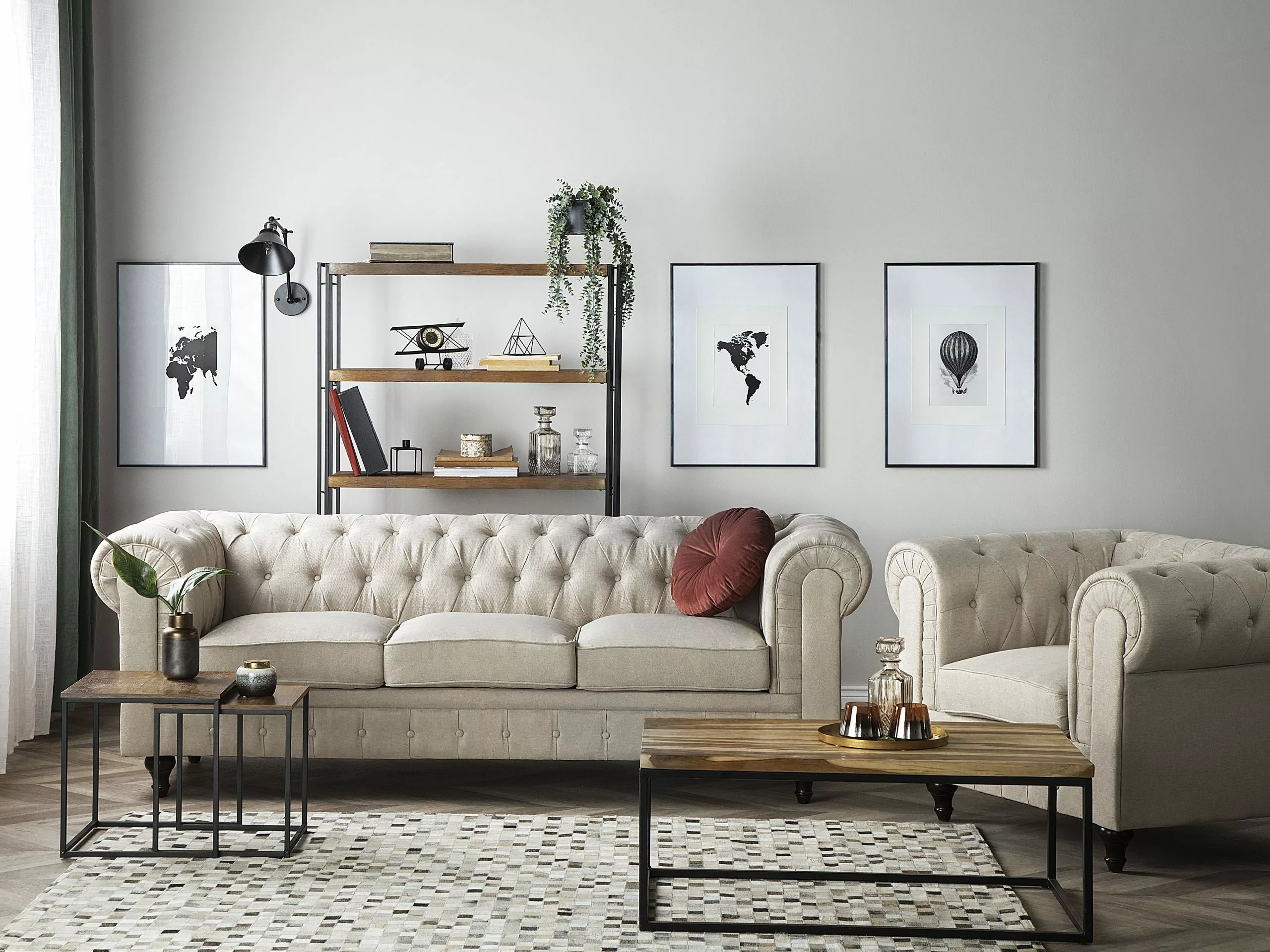 Beliani Iso Beige Kangasverhoiltu Sohvaryhmä CHESTERFIELD 4 Beliani Iso Beige Kangasverhoiltu Sohvaryhmä CHESTERFIELD - Image 2