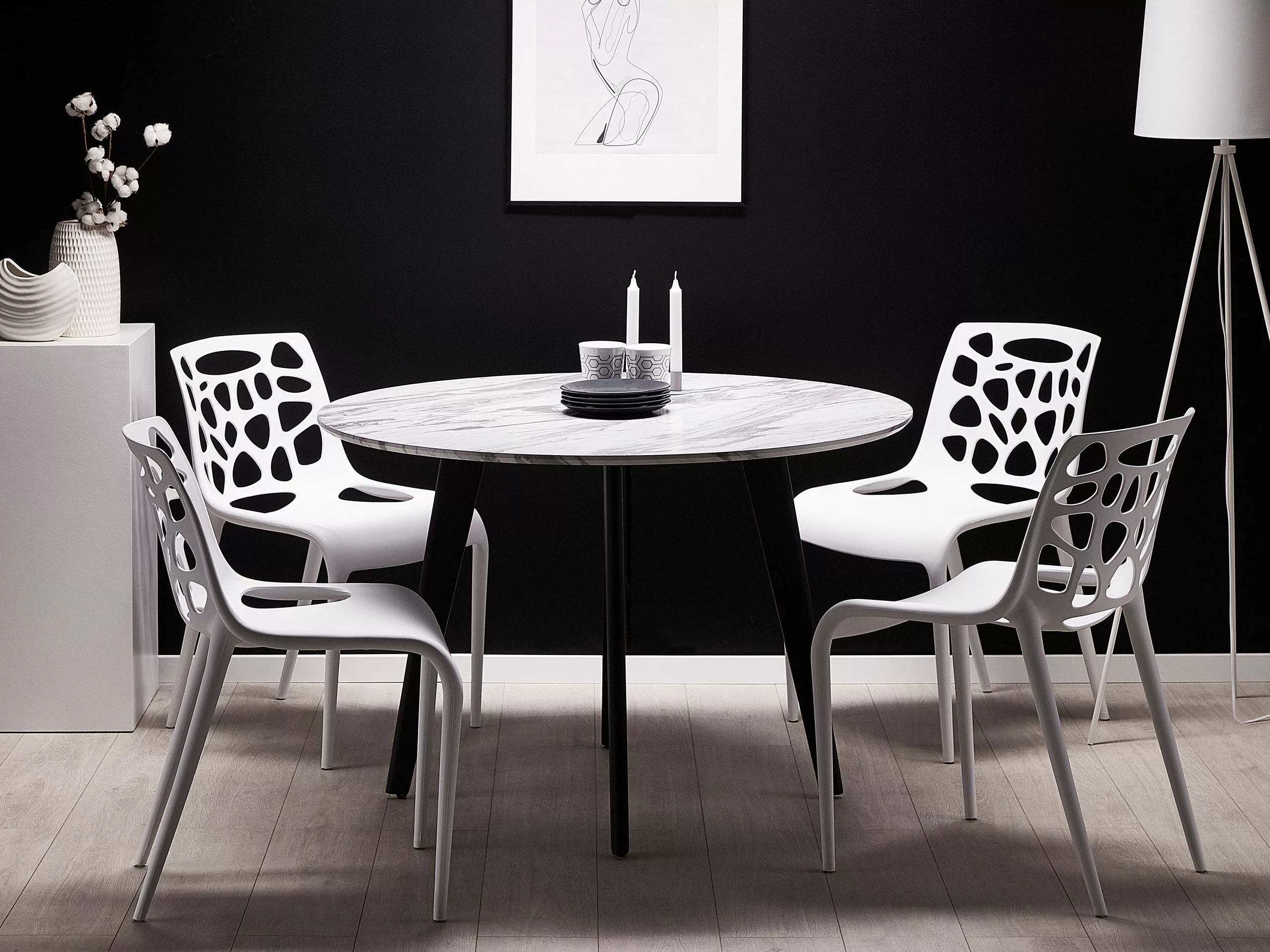 Beliani Ruokapöytä Marmorikuvio Valkoinen/musta ⌀ 110 Cm MOSBY - Image 3